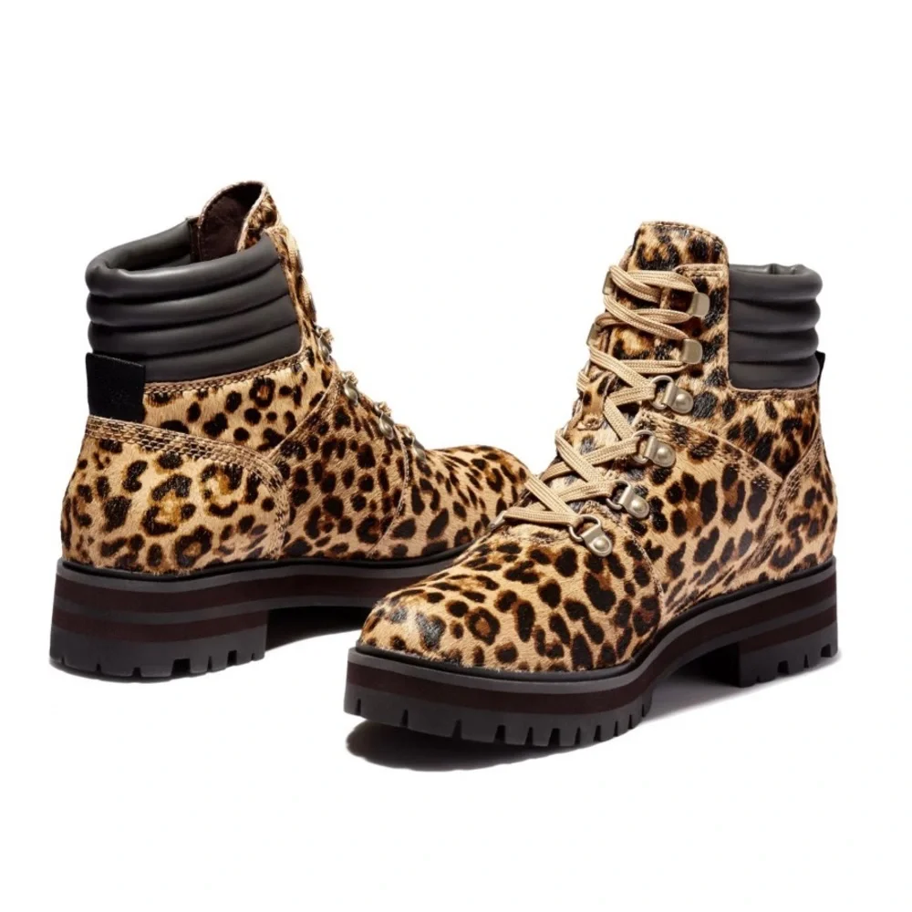 NEW Timberland London Square Cheetah Print Calf Hair Chunky Combat Boots